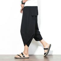 Men's Cotton Linen Blend Cropped Harem Pants for Daily Casual Wear M