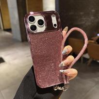 Luxury Bling Leather Phone Case for iPhone 17 Pro Max 16 15 Plus 14 13 12 11 Diamond Strap Glitter Shockproof Anti Drop Cover iPhone 15 Plus rožinė