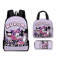 Sanrio Kuromi Backpack Lunch Bag Pencil Case 3-Piece Set Kids School Bookbag Large Capacity Water-Resistant Cute Daypack Three piece backpack