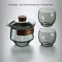 Chinese Kung Fu Tea Set, Clear Glass Gaiwan and Cups, Anti-scald Tureen, Hand Grip Pot, Household Teaware, Lid with Filter Holes 3 Pieces Set pilka spalva
