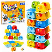 LEAN Toys Dramblių bokšto įgūdžių žaidimas, balansuojantys drambliai, spalvotos kortelės, 46 vnt.