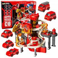 LEAN Toys Interaktyvios trasos automobilių stovėjimo dirbtuvės, automobilių plovykla, 8 automobiliai, priešgaisrinė tarnyba