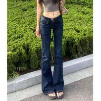 Women's Retro Blue-Gray Low-Rise Micro-Flare Jeans - Slimming, Versatile, Stretchy, Floor-Length Bootcut for Spring/Autumn. 5XL tamsiai mėlyna spalva