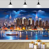 2D NYC Skyline Night Backdrop, Manhattan City Lights with River Reflections Background 47.2x31.5inch/120*80cm