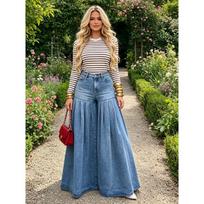 Women's High Waist Pleated Flare Jeans Washed Wide Leg Denim Pants Streetwear Maxi Bell Bottom Long Trousers S karališkos mėlynos spalvos