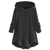 Women's Loose Ruffle Hem Plush Solid Color Hooded Mid Length Jacket Top XXXL juoda
