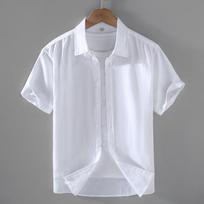 Men's Light Blue Linen Cotton Short Sleeve Shirt Casual Button Down Top S