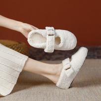 Small man, inner height increase Birkenstocks, outer wear Mary Jane shoes, winter warm cotton shoes, white fluffy half slippers 35