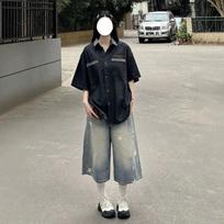 women's Star Print High Waist Wide Leg Cropped Jeans Vintage Washed Denim Capris S mėlyna
