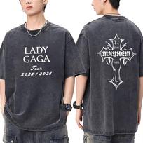 benber vintage Lady Gaga MAYHEM Cross Cutoff Vintage Washed T Shirt Men Womens Hip Hop Streetwear Short Sleeve Cotton Tshirts s S gray