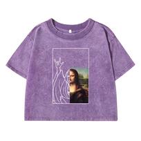 Biye'S Mona Lisa Printing Female Washed Short T-Shirt Fashion Casual Tshirt Street Tops Summer Loose Distress Clothes M gray