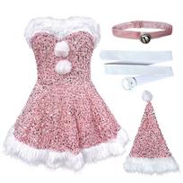 2026 Christmas Dress Pink Sequin Dress Plush Christmas Vibe S white