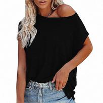 T-shirt trumpomis rankovėmis laisvas moteriškas vienspalvis off-shoulder T-shirt vasarai XL juoda