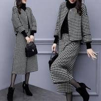 Women's Autumn and Winter Two-piece Pants Houndstooth Woolen Coat Wide-leg Pants Casual Fashion Suit Women XXXL juoda