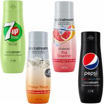 4 SodaStream koncentratų rinkinys 7UpFREE + Apelsinų-Mėlynių + Greipfrutų + PepsiMax
