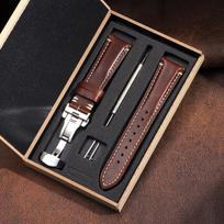 Genuine Leather Watchband 20mm 22mm 24mm Strap Women Men Business Wristband with Wooden Box Butterfly Buckle Universal Bracelet 20mm