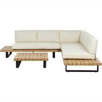 Lauko baldų komplektas Beliani Sodo kampinė sofa su staliuku 5 asmenims MYKONOS dešininė, kreminės spalvos, sertifikuota akacijos mediena