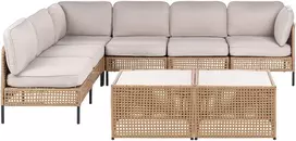 Lauko baldų komplektas Beliani Sodo kampinė sofa su staliuku 6 asmenims OMEGANA šviesiai smėlio spalvos iš technoratano, modulinė
