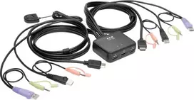 Eaton Eaton „Tripp Lite“ serijos 2 prievadų USB/HD kabelinis KVM komutatorius su garso/vaizdo, kabelių ir USB periferinių įrenginių bendrinimu - KVM/garso/USB komutatorius - 2 x KVM/garso/USB - 1 vietinis Benutzer - Stalinis