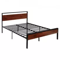 Koduva VEVOR lovos rėmas Queen size, 35 cm, juodas metalinis platforminis lovos rėmas su retro rudos spalvos medine galvūgaliu ir kojūgaliu