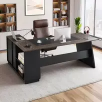 Koduva L formos vadovo stalas VEVOR KLXZ-01 su stalčiais ir daiktadėže, medžio drožlių plokštė, ruda/juoda, 140 x 37 x 75 cm