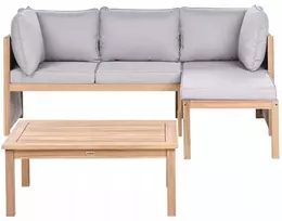 Lauko baldų komplektas Beliani Lauko kampinė sofa su staliuku 3 asmenims ARABBA Kairinio tipo, pilka, sertifikuota akacijos mediena