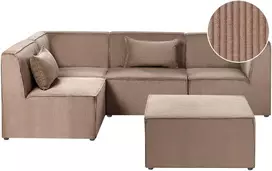 Beliani Modulinė kampinė sofa 4 asmenims LEMVIG, dešininė, smėlio spalvos velveto, su otomane