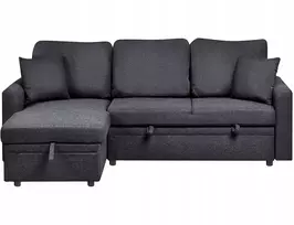 Beliani Išskleidžiamas trijų vietų kampinė sofa NASSJO, sintetinis linas, juoda, dešininė