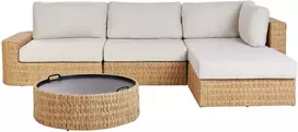 Lauko baldų komplektas Beliani Sodo kampinė sofa su staliuku 4 asmenims OLIVERI Kairinė Smėlio spalvos dirbtinis ratanas