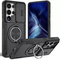 Hurtel „Samsung Galaxy S26 Ultra“ dėklas su stumdomu kameros dangteliu ir pasukamu stovu, suderinamas su „MagSafe“ – juodas
