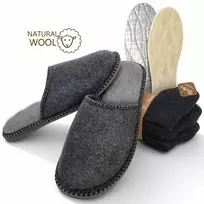 Dovanų rinkinys: Nowo® vyriškos šlepetės su avies vilna, VCA Textil® vilnonės kojinės (3 poros) ir Coccine® avies vilnos vidpadžiai