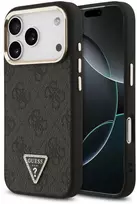 Dėklas Guess PU Leather 4G Strass Triangle Logo Gold Frame MagSafe Case for iPhone 18 Pro Juodas