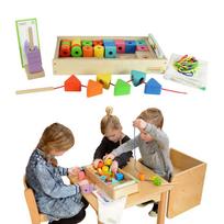 MASTERKIDZ didelis medinis Montessori įvairių spalvingų karoliukų ir virvelių rinkinys
