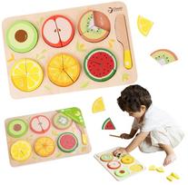 CLASSIC WORLD Mediniai vaisiai pjaustymui su lipdukais + trupmenų ir dalybos mokymasis MONTESSORI 23 vnt.