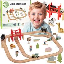 WOOPIE GREEN medinis zoologijos sodo traukinių rinkinys XL magnetiniai bėgiai 60 vnt. FSC