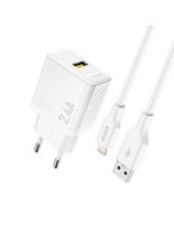 USB-A sieninis įkroviklis su USB-A laidu – „iPhone Lightning 2.4A GaN EU“ – baltas