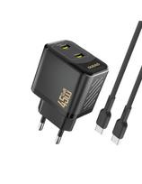 2xUSB-C sieninis įkroviklis su USB-C GaN PD 45W laidu - juodas