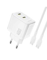2xUSB-C sieninis įkroviklis su USB-C GaN PD 45W laidu - baltas