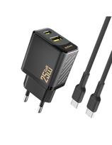 USB-A USB-C sieninis įkroviklis su USB-C GaN PD QC 25W laidu – juodas