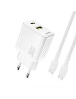 USB-A USB-C sieninis įkroviklis su USB-C GaN PD 30W laidu – baltas