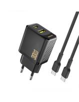 USB-A USB-C sieninis įkroviklis su USB-C GaN PD 30W laidu – juodas