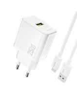 USB-A sieninis įkroviklis su USB-A - USB-C GaN laidu, 25 W, baltas
