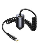 USB-C automobilinis įkroviklis su integruotu 30 W spiraliniu USB-C laidu – juodas