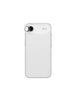 „iPhone 17 Air“ kameros stiklas su sidabro spalvos aliuminio rėmeliu. Objektyvo stiklas.
