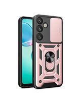 Šarvuotas dėklas su kameros dangteliu, žiedu ir stovu, skirtas „Samsung Galaxy S25+ Hybrid Armor Camshield“ – rožinis