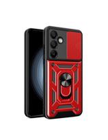 Šarvuotas dėklas su kameros dangteliu, žiedu ir stovu, skirtas „Samsung Galaxy S25+ Hybrid Armor Camshield“ – raudonas