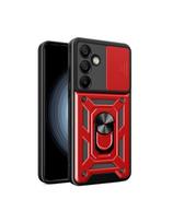 Šarvuotas dėklas su kameros dangteliu ir stovu, skirtas „Samsung Galaxy S24 FE Hybrid Armor Camshield“ - raudonas