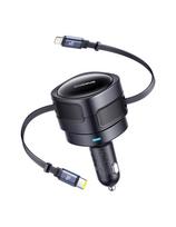 Automobilinis įkroviklis su ištraukiamu USB-C iPhone Lightning laidu, 60 W – juodas