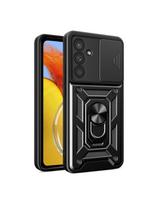„Hybrid Armor Camshield“ šarvinis dėklas, skirtas „Samsung Galaxy A37“ su kameros dangteliu ir stovu – juodas