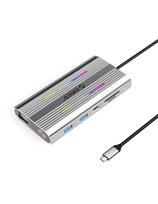 „HUB 12in1“ USB-C prijungimo stotelė - USB-A, USB-C, HDMI, VGA, RJ45, SD, PD, 100 W, 4K, 1000Mbps, RGB - sidabrinė